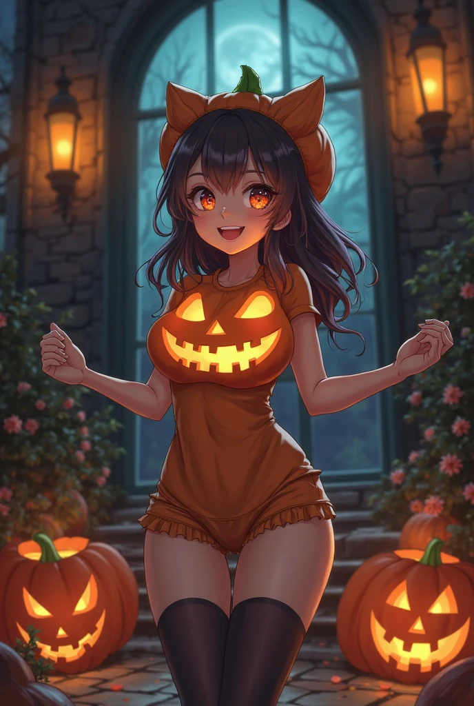 Rio naked apart from halloween apron, at door on halloween night, witch hat, holding candy, halloween night, naked under cooking apron, sexy, busty, seductive, halloween night, new york night, waiting at door