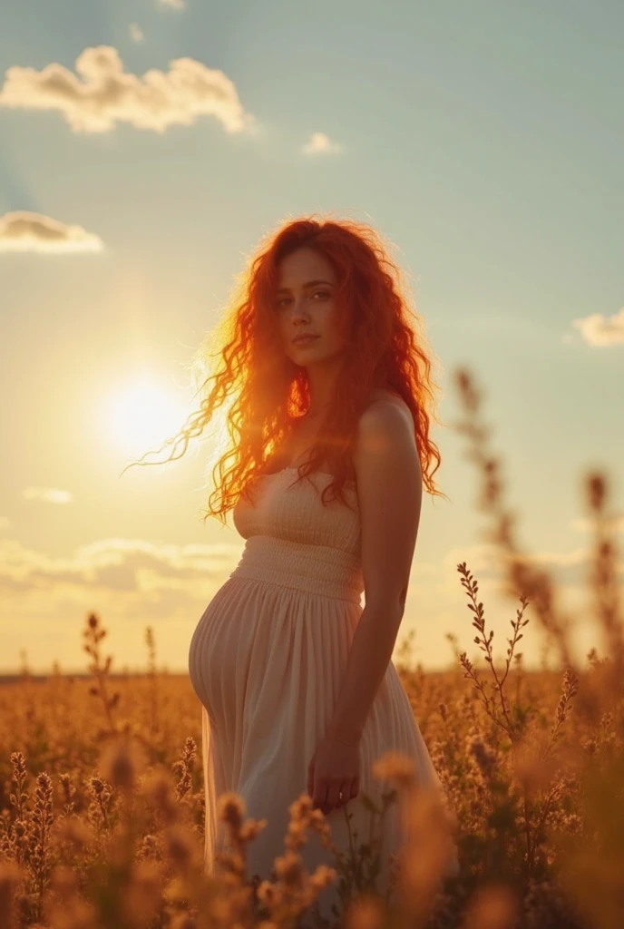 Red-haired, long-haired, red-eyed, cool woman, pregnant