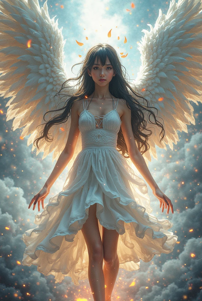 ((melhor qualidade: 1.5)), ((obra de arte: 1.5)), (hiper-realista), (detalhes intrincados) (volumetric), 1 powerful archangel with clouds in a late afternoon sky, arte oficial, papel de parede da unidade 8k, beautiful and aesthetic, cores vivas, elegante, dynamic angle, tiro de vaqueiro, a mais bela forma de caos, atmospheric, romantismo, design brutalista, (zenemaranhado, mandala, emaranhado, enemaranhado), (flower ecstasy: 1.2)arte conceitual, detalhes intrincados, altamente detalhado, fotorrealista, [OTOY Octane rendering], Motor irreal, Dynamic Pose, high resolution, (rosto realista: 1.1), (hiperrealista: 1.1), Olhos Perfeitos, Penteado, perfect hands, extremely fundo detalhado, dynamic background, (estilo-swirlmagic: 0.9), olhando para baixo, Sozinho, tronco, fundo detalhado