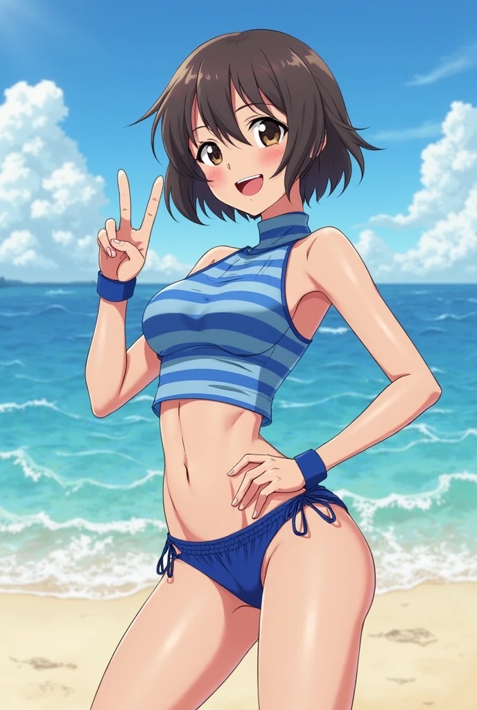 1.Woman naked, condom in pussy, cum, micro bikini, embarrassed smile 1.Sweat on face Front Focus on face Small breasts Short hair Nipples Naked Black hair Standing Naked Sexy body Cheering Squat Hands behind head Cheerleader Pompoms Seaside