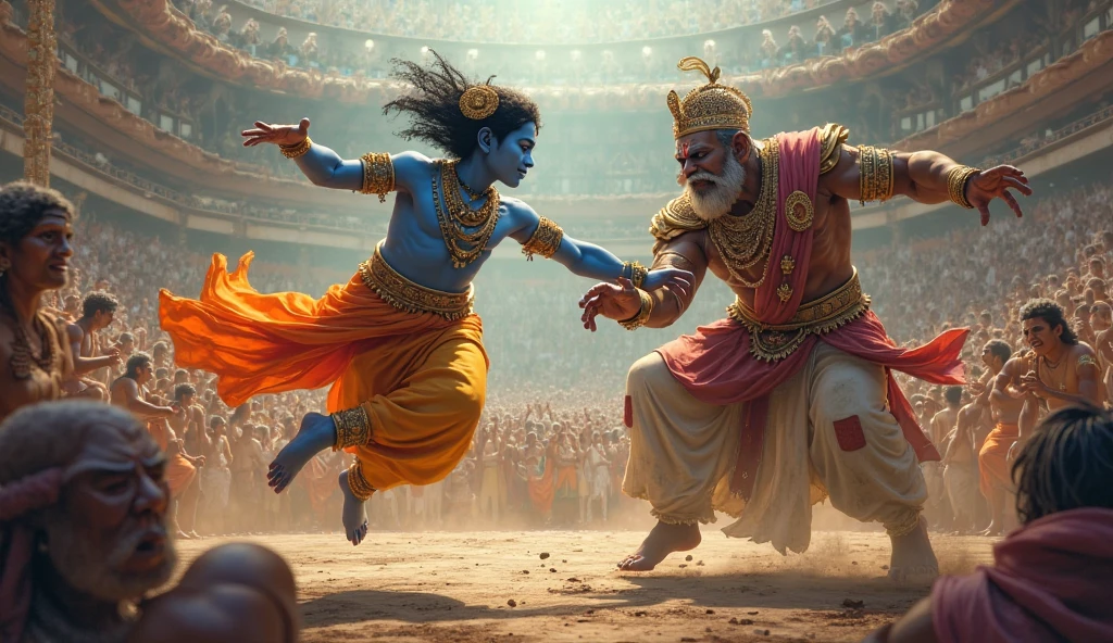3d muscular teen krishna with  skin blue  colour wearing gold ornaments peakock one feather on head
 fights 3d heighted beared man highly graphic war scene