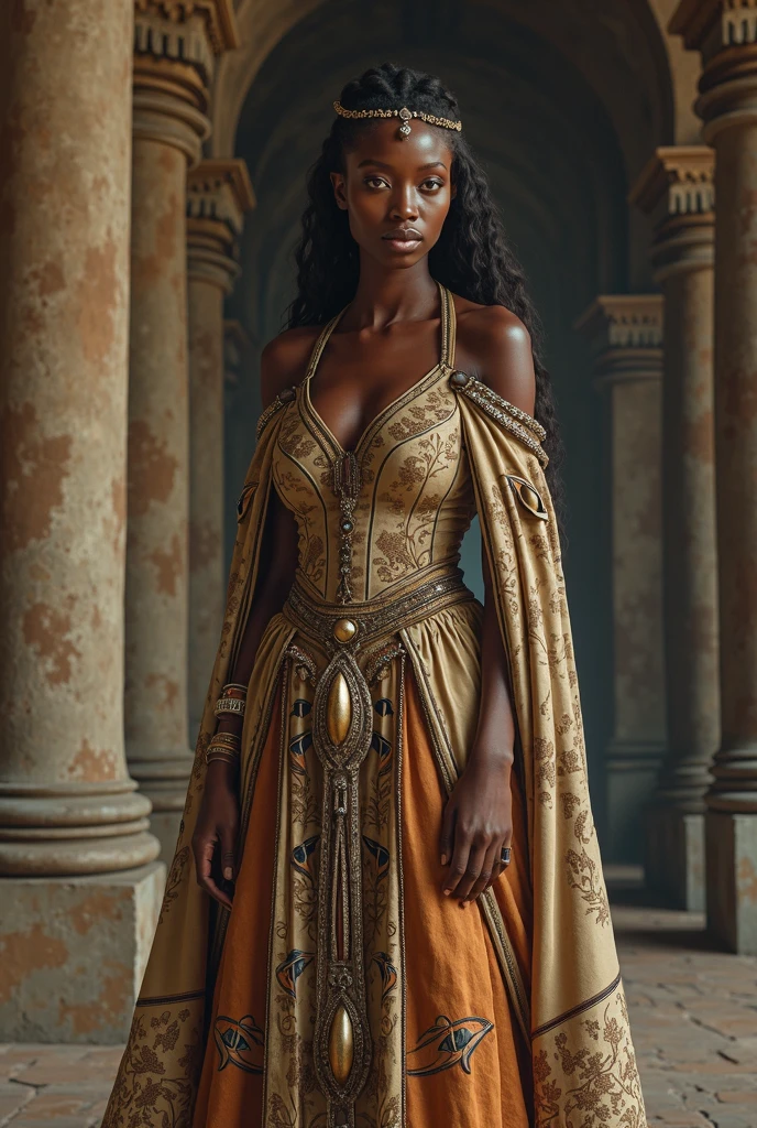 Create a photograph of Naomi Campbell, in a realistic style, with high resolution. The photo should be well-lit, with soft light and no harsh shadows. The framing will be full-body, highlighting her enchanting presence and personality. The model will be dressed in an enchanting elven attire, featuring a delicate and flowing dress that evokes the grace and beauty of elves. Soft and earthy tones like white, silver, and gold should be incorporated to evoke the magical essence of elven fashion. Careful lighting and image composition should enhance the womans natural beauty, emphasizing the elegance and charm of the elven outfit, while capturing the essence of a mystical and elegant elven maiden in full-body portrait