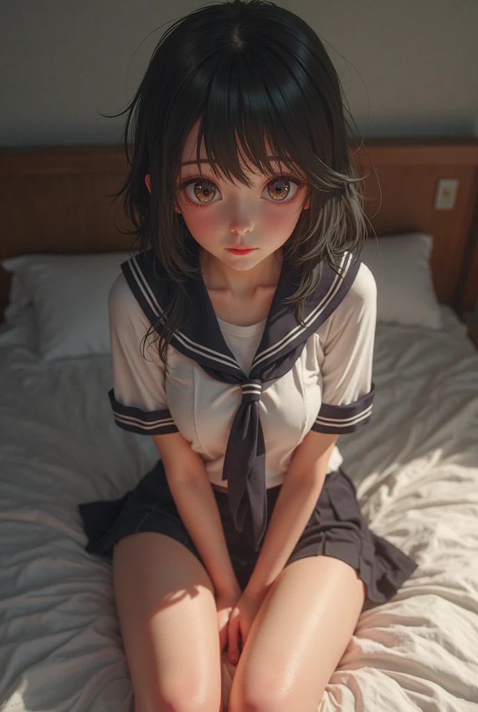 (1 girl), highly detailed girl, solo, ((highly detailed face)), extremely detailed CG unified 8k wallpaper, highly detailed, raw color photos, professional photography, Realistic, (small , small breasts, cleavage:0.8), (hchool uniform with open chest:1.6, open chest:1.5), (looking at viewer, embarrassed:1.6, ashamed expression:1.45, sleepy-eyed:1.2, bashful, upturned eyes, flustered), pleated skirt, bedroom,(from above lying on her back, head on a pillow, spread open legs, cameltoe, full body)