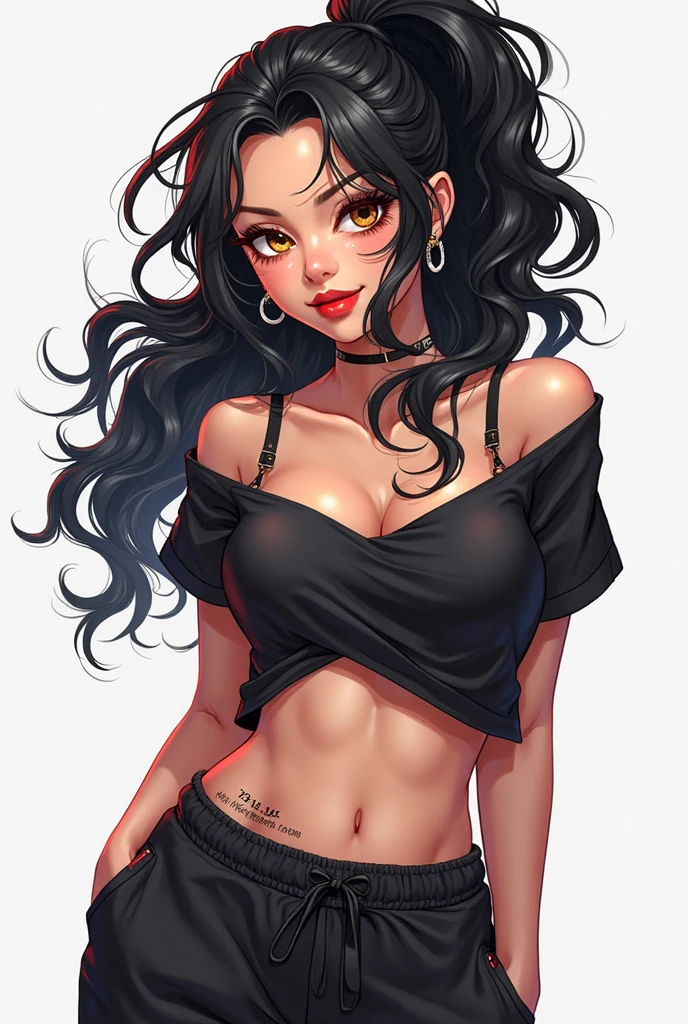 A very pretty woman, with an athletic body and lots of curves and some tattoos. skin fair, sweet face, brown eyes and black hair, long and curly, piercing gaze and wearing sportswear. not anime style. your long hair and your body is what draws the most attention because of your muscles. IN DRAWING STYLE, アニメ