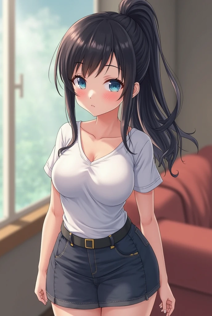 (masterpiece:1.2, best quality), 1girl, breasts, smug, pencil skirt, black hair, ponytail,
