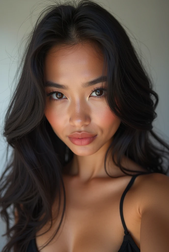 a young and beautiful indigenous woman of Colombian origin. She has dark skin, eyes browns, coral pink plump lips and long, straight thigh-length black hair with straight bangs and sideburns that partially reach her ears, lying on her bed, facing forward