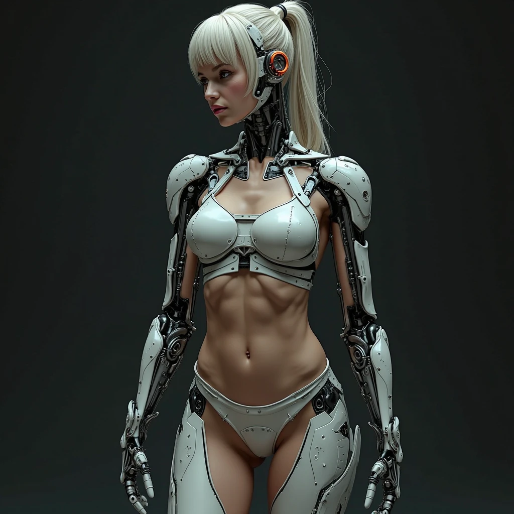 1 woman, realistic, with chain in boddy, detailed skin, detailed face, bikini transparn, robo pants, highligt image, perfect, robo, muscle,