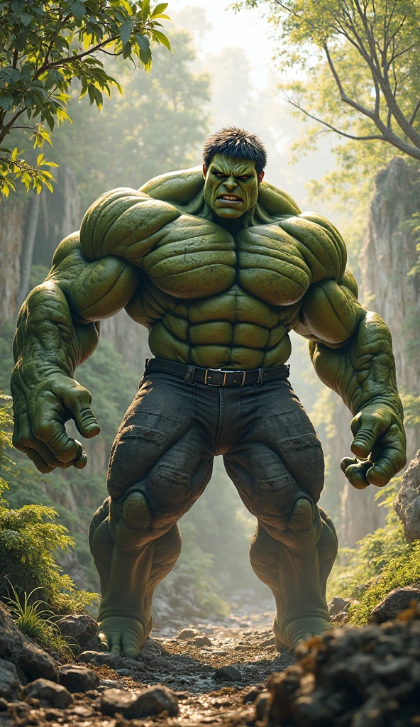 Hulk 2, a very handsome Hulk, very muscular, Shirtless, purple shorts, green skin, destroying a hospital
