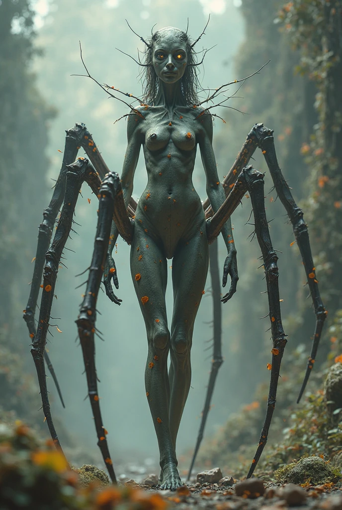 Description anatomique des muscles du dos d'une femme avec des ailes de dragon dans le dos, marche dans une forêt, , (hyperRéaliste, very detailed, anatomie parfaite)