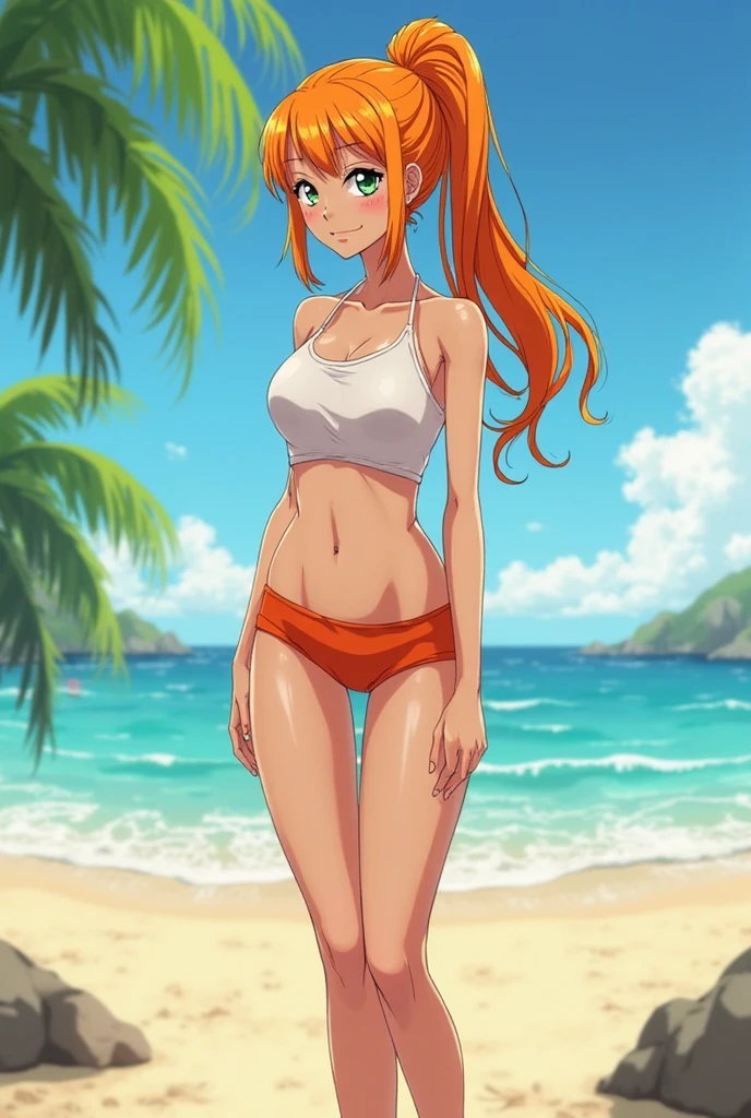 A cute tall girl with long orange hair, Brown eyes, a funny smirk, she's in bikini on the seaside, barefooted,showing off her feet soles, full body pic
