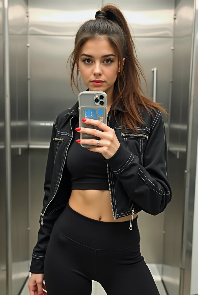 Same Woman dressed in a black jacket and little ripped black pants Mexican features young and beautiful slim body taking photos inside a bathroom with her black phone 