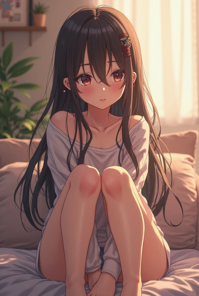 A 16 year old girl, in the anime style of the Seinen Genre.
Her Appearance: she has long dark hair with bangs,Serene and seductive eyes of lilac pink color,Light skin color and she has a mole below her left eye.
She is wearing only a loose white T-shirt., a pair of black socks and black panties.
She is on top of a sofa in a stoic position..
She's making a naughty face.