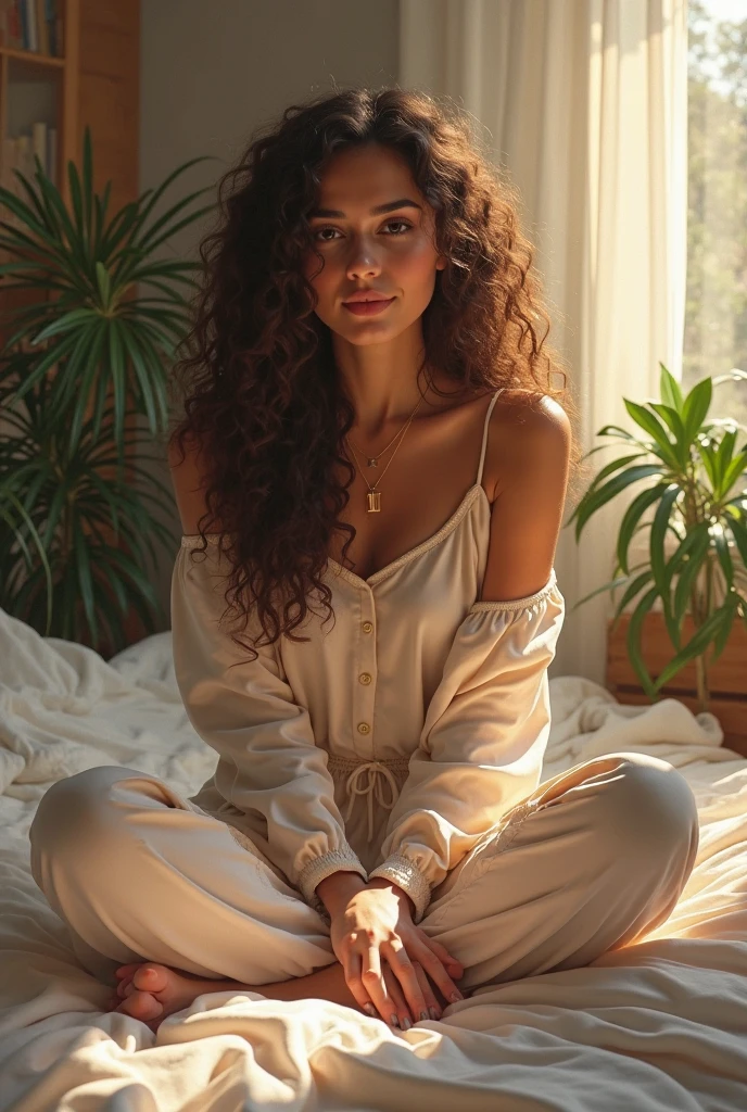 (photorealism:1.2), beautiful woman, sitting on bed, wearing loose off-shoulder top, pajama pants, long curly hair, indoors, soft lighting, plants in background, window with sunlight, cozy room, relaxed pose, realistic, intricate details, warm colors, by Greg Rutkowski, by Alphonse Mucha