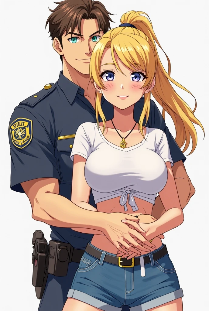 One mature woman, a lovestruck face, a beautiful anime face, blonde, long hair, ultra-high definition, masterpiece, black police hat, white tank top, exposed navel, torn denim shorts, crotch emphasis, sexy pose, nice body 2Book arm, 5 fingers, only one person in the room, beautiful anime style