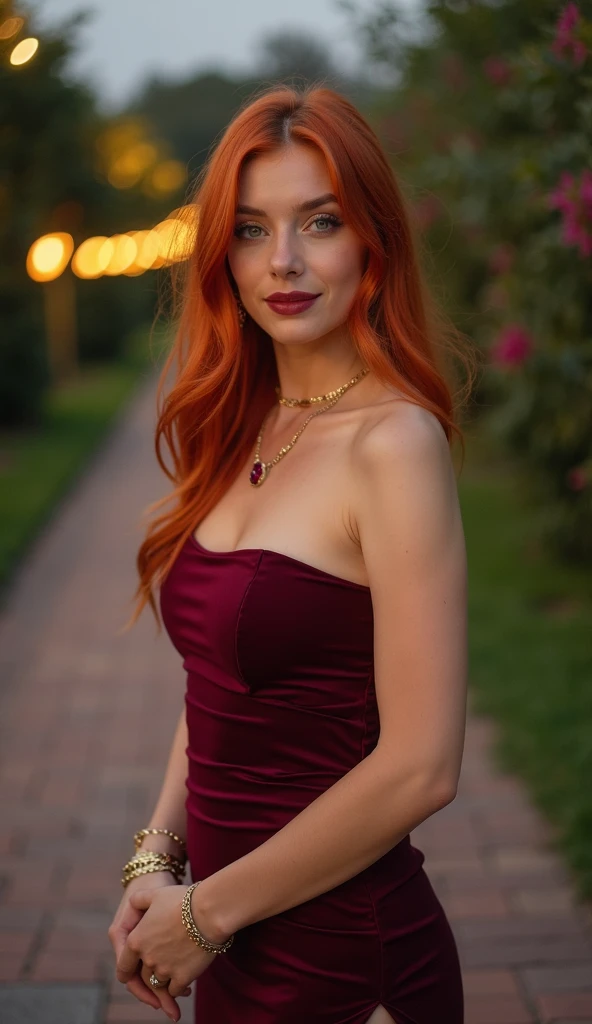 ultrarealistic high quality full body photo of a beautiful super busty slim european 19-year-old woman with cute hyperdetailed shy face and redhead shoulder length messy hair and shy smile, realistic round black eyes, red lips, dark eye makeup with eyeliner, wearing long shiny vinyl dress, hourglass body, tanned, outdoor photography