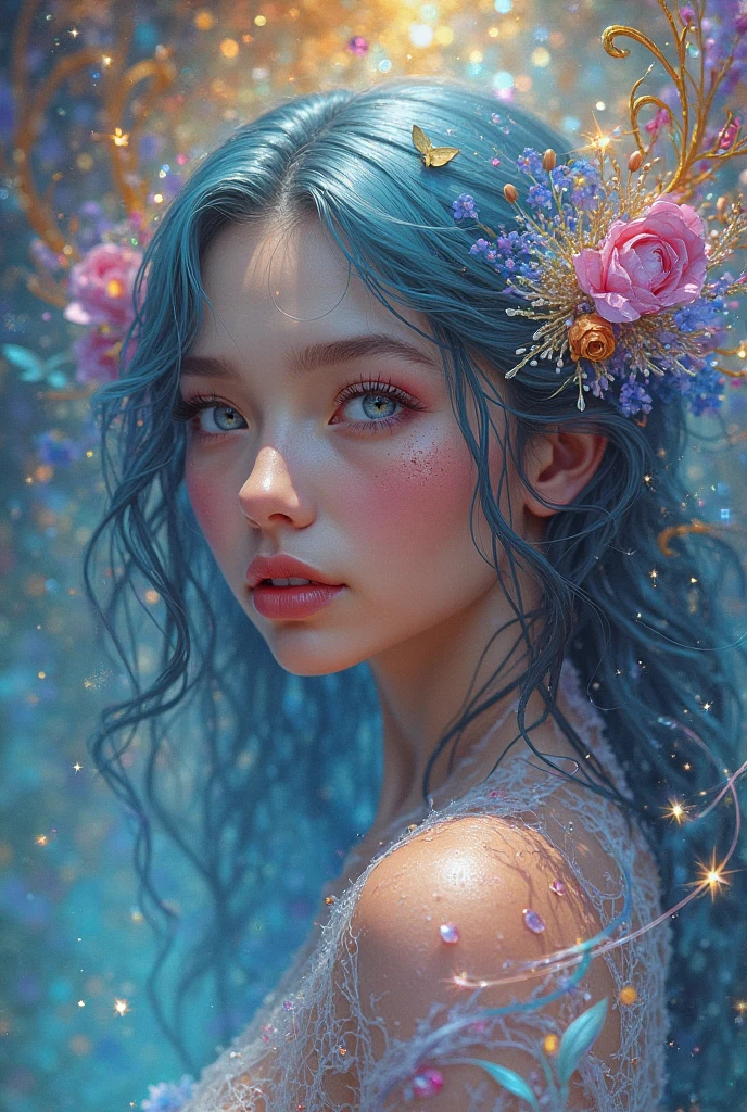 Fantasy, Artistic, A delicate fairy  with mature features, puffy lips, and stunning realistic eyes, actively exploring a world filled with dark shades of black, grey, red, maroon, burgundy, and lavender, High-definition close-up portrait centered on her highly detailed and beautiful face, amidst a setting rich in details like stars, galaxies, colorful bubbles, and petals, all enhanced by iridescence and glittering wind carrying pollen, 8K resolution, intricate, elegant, highly detailed, majestic, digital photography