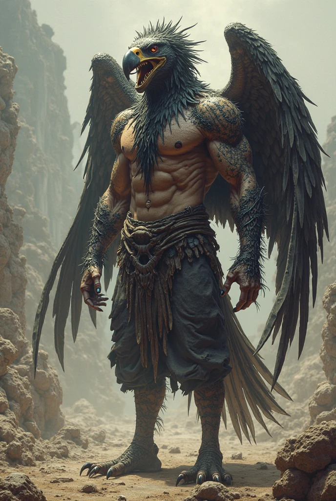 A tanned man with black wings and chicken feet.