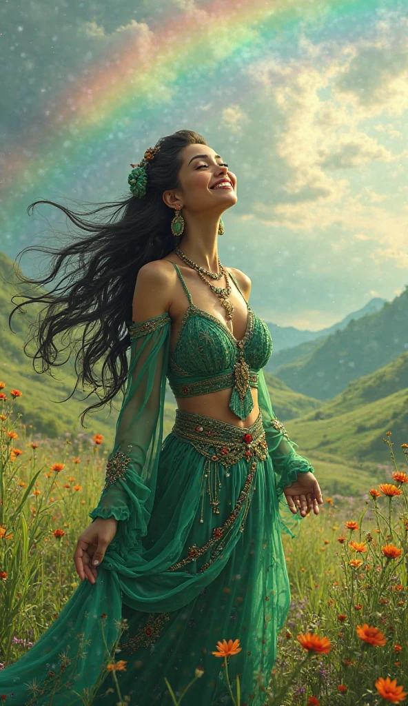 ((masterpiece)),(((bestquality))),((ultra-detailed)),1girl, solo, barefoot, standing, building, smile, floating hair, dutch angle, closed mouth, looking away, outdoors, (((long wavy black and green gradient hair)))