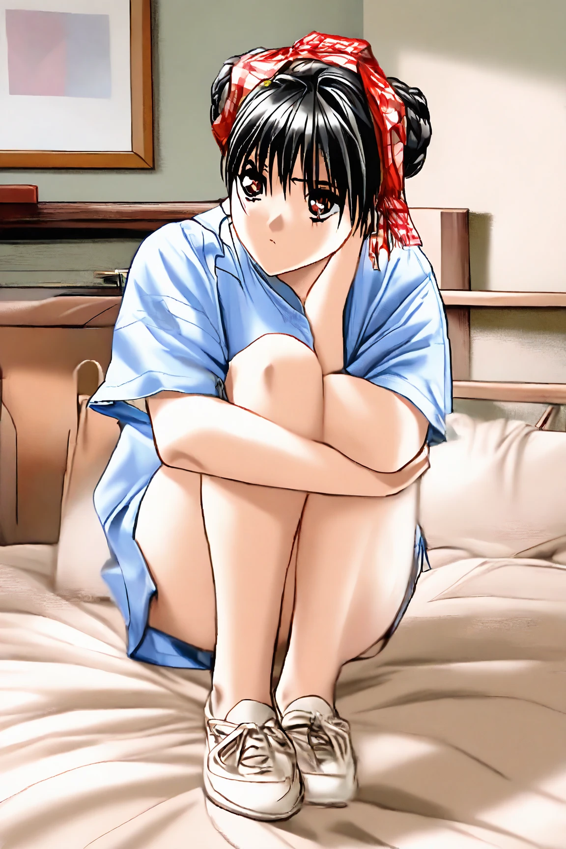 (unity 8k wallpape),(best quality),(high resolution),(ultra-detailed),(perfect anatomy),(beautiful detailed eyes),1girl,(Dimly lit motel room),((Sit on the bed:1.3)),Bedside table,((There are three one-dollar bills on the bedside table.:1.3)),　　　　　　　　　　BREAK Bought Girl,Unbelievable beautiful girl,15yo,blackhair,,Sailor suit,Navy Skirt,White socks, body,(Holding a smartphone in one hand:1.3),(Sit with your legs apart),(White panties),A tense look,Look down,The eyes are looking at me,Photograph the whole body,　　　　　　BREAK (On the table are three coins and a camera.),