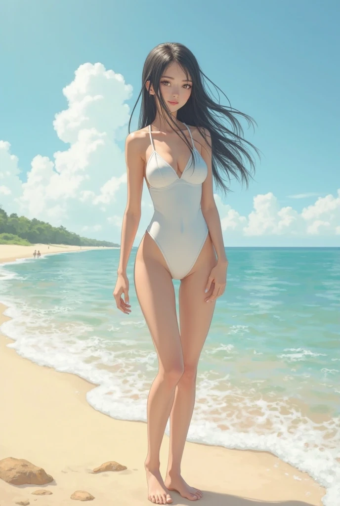 tmasterpiece，best qualtiy：1.4），Smooth movement，（1girll），（highest details），lacepantyhose，without wearing shoes，vests，Whole body diagram，beachside，taking a walk，Lazy，playing water
