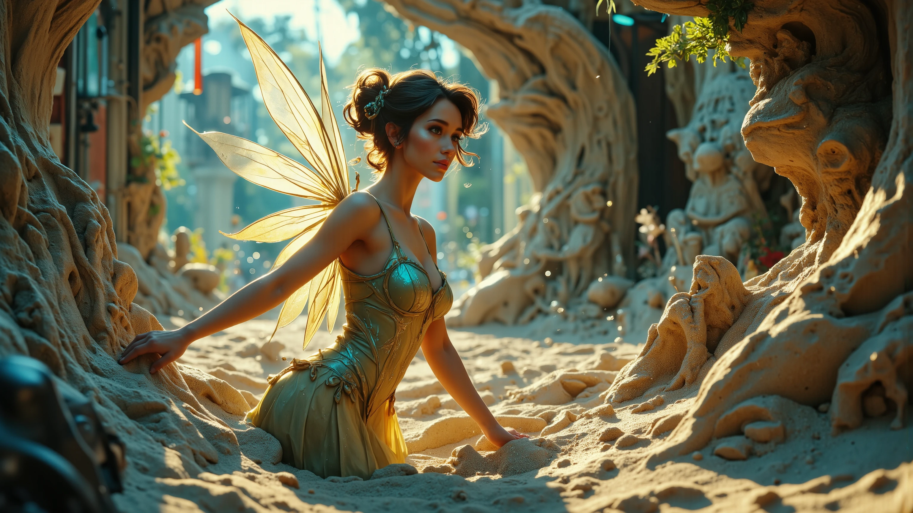 A sexy mystical fairy in a Kinetic Sand Temporal Flux style, where the passage of time is captured in the fluidity of sculpted sand. Fleeting shapes are illuminated by hints of blue and yellow, with a delicate interplay of light and shadow emphasising life’s transient moments. Breathtaking attention to details, SFW, landscape, ray tracing, 16k, UHD, HDR, cinematic, masterpiece, award-winning.