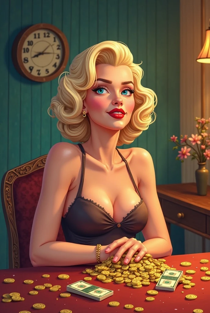 Poker Face: Din, wrapped in Marilyn Monroe, the dark atmosphere of digital painting. It is buzzed with highly detailed and smooth touches, crisp focus, art stationing, noir style and Deviant art.