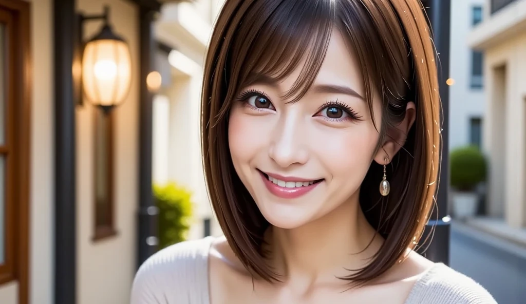((masterpiece)), ((Highest quality)), ((Complex)), ((Surreal)), (Realistic), (Mature Woman), ((There are no classes)), Very detailed, (1 female), Beautiful and exquisite, (Beautiful Teeth), Grin, Brunette Bob Hair, Brown eyes, ((blouse)), (Upper Body), (background:none), Perfect Eyes, Captivating eyes, Looking at the audience