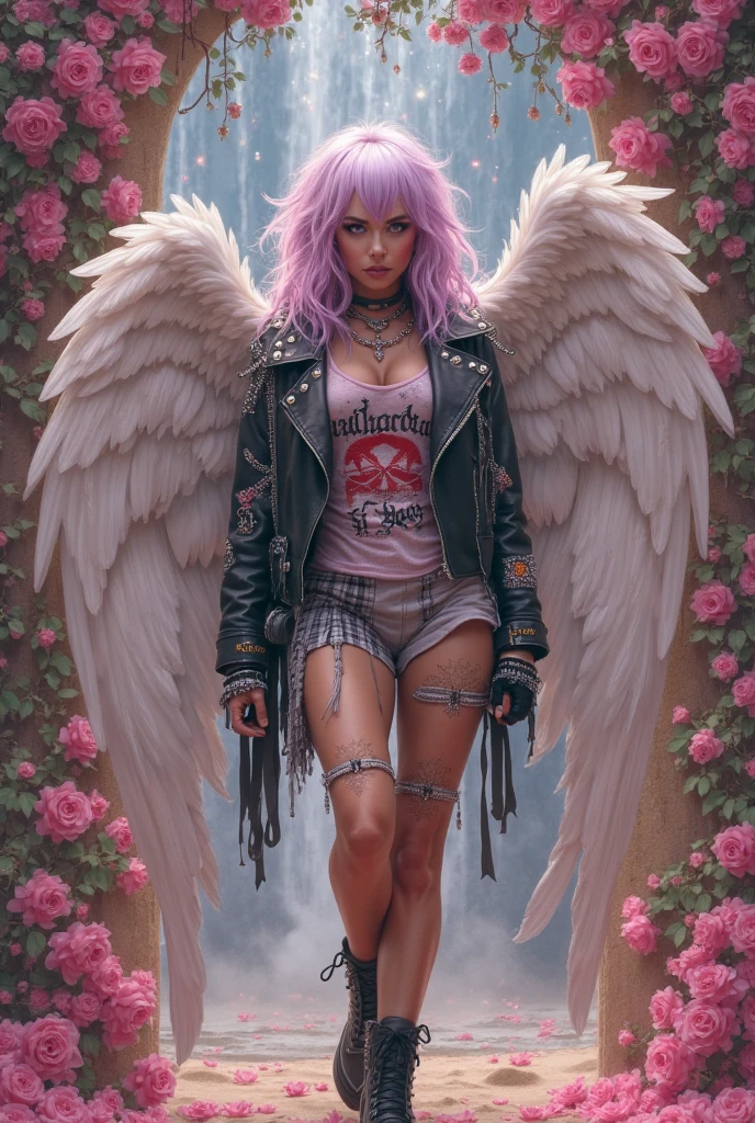 she is a anime cartoon, painting, illustration, ( high qulity) hd quality, normal quality:4) she has a flaming katana sword, she is jumping in the sky, she has angel wings, she is a female 25-yrs-old, she is wearing white knee high boots, white leather booty shorts, with a a gun belt, She is wearing a white tank top, her body is skinny n petite she has small, breast, she has long pink hair, jer look is innocent and sweet,