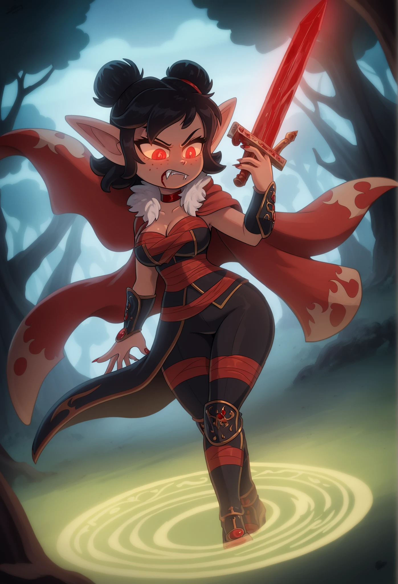 1girl in forest, (art by anna cattish), solo, thighhighs, (demon girl:1.5), heart-shaped_pupils, pastel, (forest:1.5), large breasts, robe, breastplate, holding sword