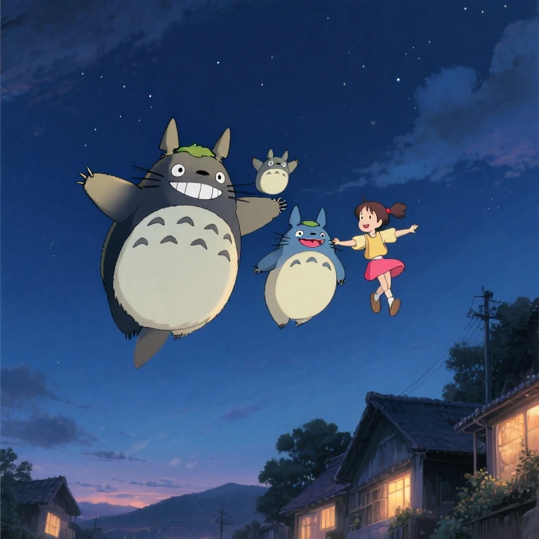 ジブリアニメ「となりのトトロ」の大きなトトロと中くらいのトトロと小型のトトロが、サツキとメイと一緒に笑顔で空を飛んでいる。最高傑作。最高画質。最高品質。アニメの空を飛ぶシーンを再現。温かな雰囲気。夜の村。