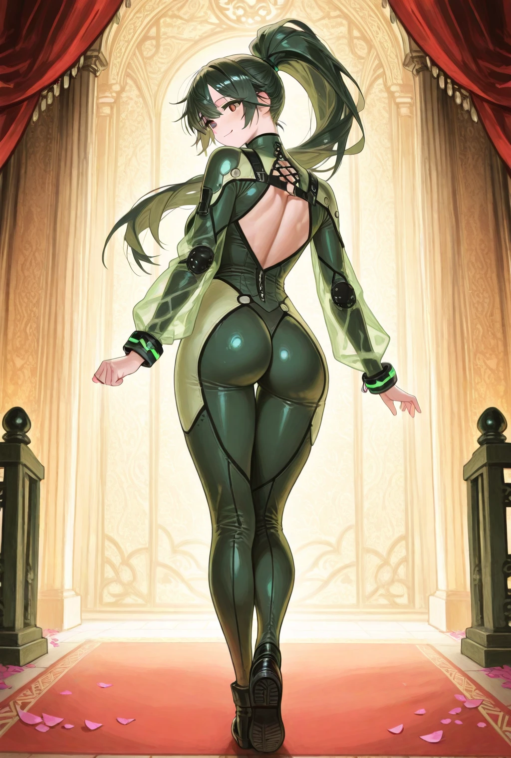 1girl,solo,super detailed skin,shiny skin,expressionless face,green hair,sidelocks,double bun,half open eye,eyelashes,lips gloss ,large breasts,body suit,Shinobi clothes,black boots,fishnet,standing ,butt,simple background ,from behind ,wind magically ,masterpiece,best quality,ultra detailed,high resolution,sharp focus