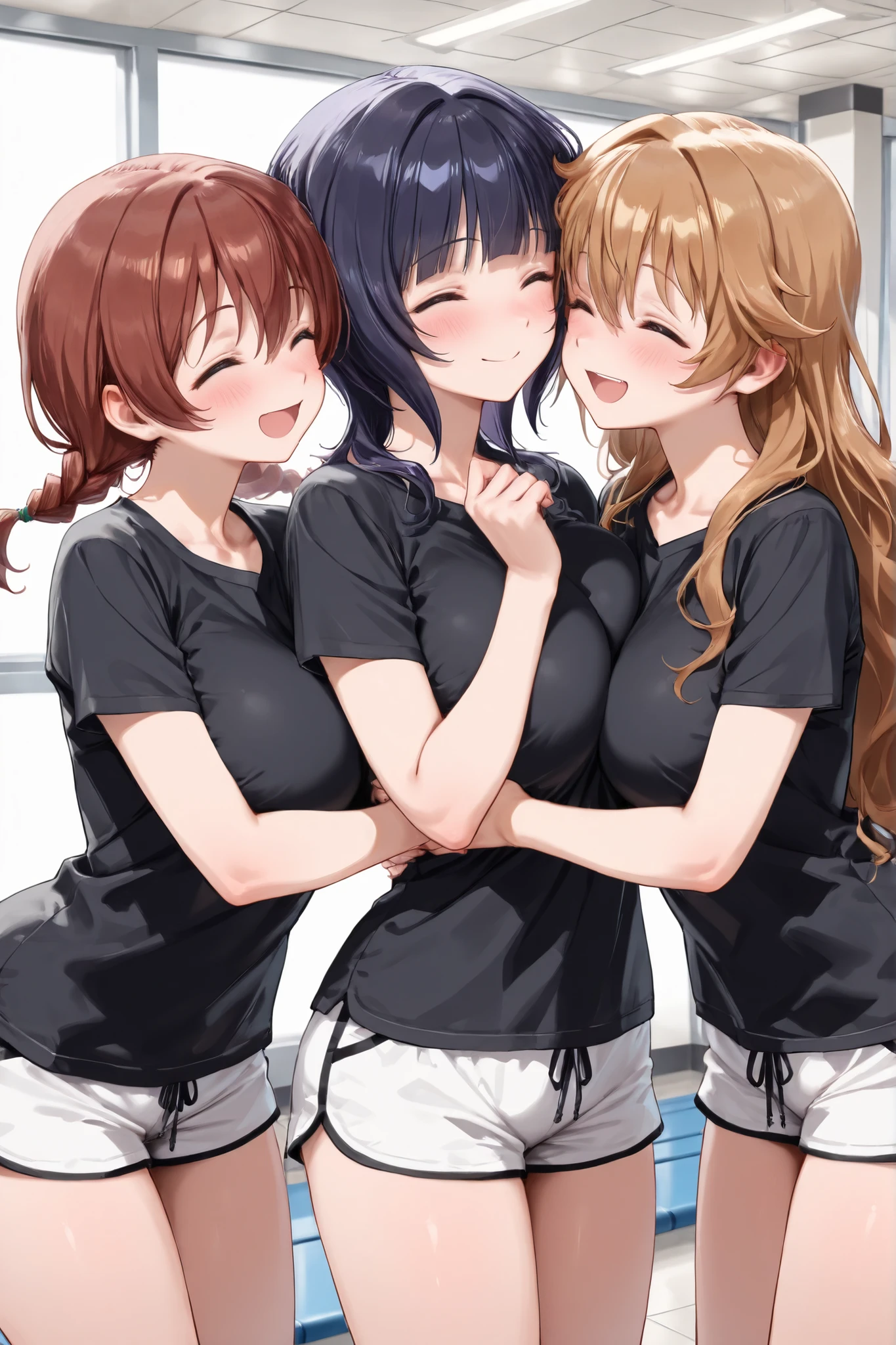 ((Masterpiece)),((best quality)),((incredibly absurdres)),((8K)),(semi realistic), 
3 girl,exchanging smiles,short-sleeved shirt,black shirt,Plain shirt,BREAK white sweatshorts,Plain shorts,
asaka karin,
konoe kanata,
emma verde,
Training room background,