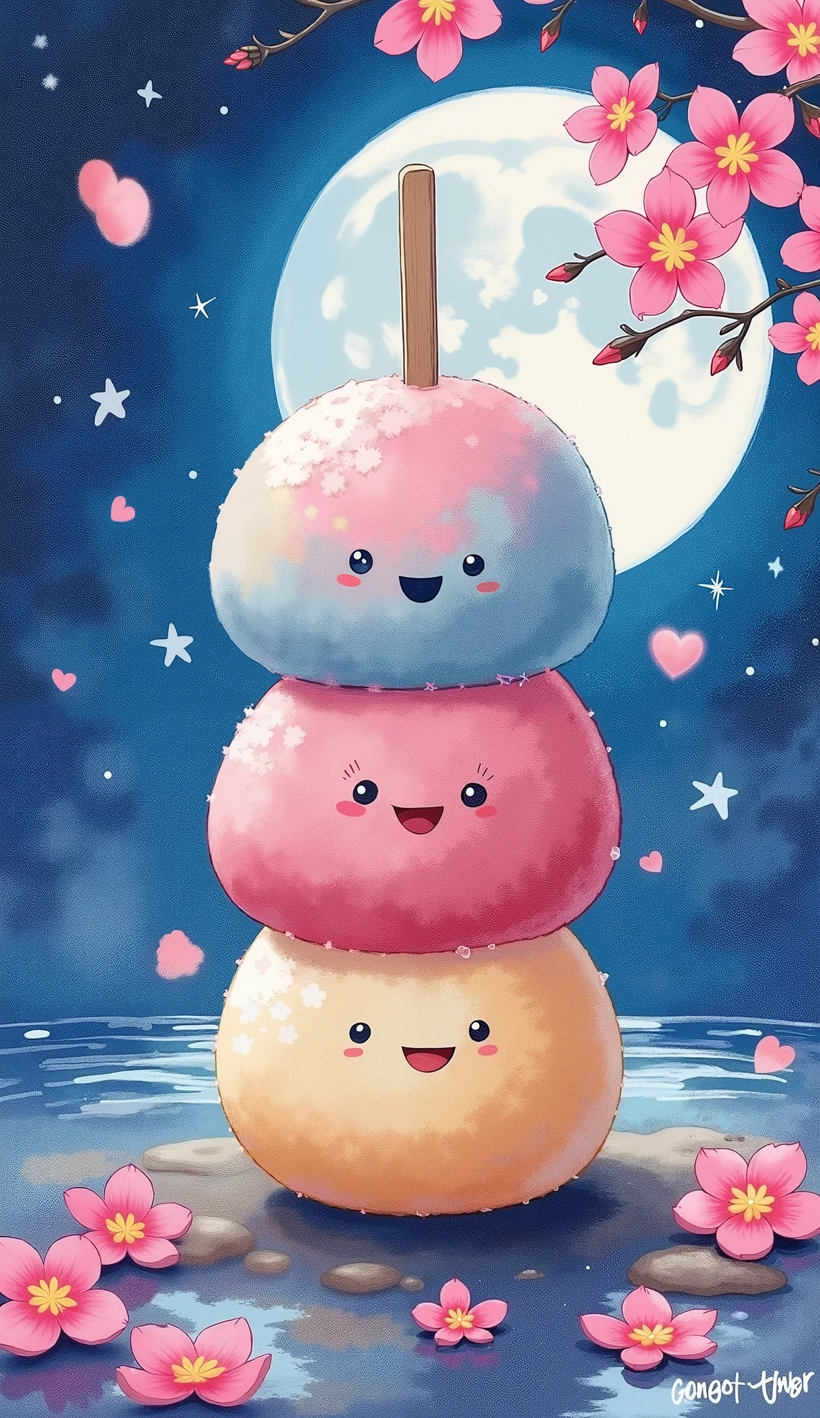 (The personification of dango),Cherryblossom,moon night,watercolor style,no humans,Dango 3 brothers, Put on a skewer, dango dango, 3 dango dango dango soy sauce, put on a skewer, dango dango dango, 3 siblings

The oldest son is the oldest son and the youngest son is sandwiched between the third son and the third son the second son Dango 3 siblings, The surface is smooth and circular.

My brother's eldest son, older brother's third son, I'm the second son, second son, Dango 3 siblings