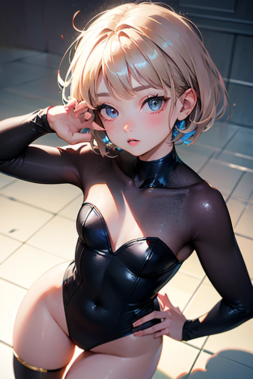 highest quality,masterpiece,8k,One girl,(((((()))))),orgasm,blusht,fuuma_home town,(change,,Bobcut,Flat Chest, short hair,Wavy Hair:1.5),Blonde,Short Hair,black leotard,black thighhighs,garter_strap,Black Elbow_gloves,Green Gem,High leg_leotard,thigh_boots,Covered navel、Turquoise Eyes、Nipples、penis、penianding fb POV1
