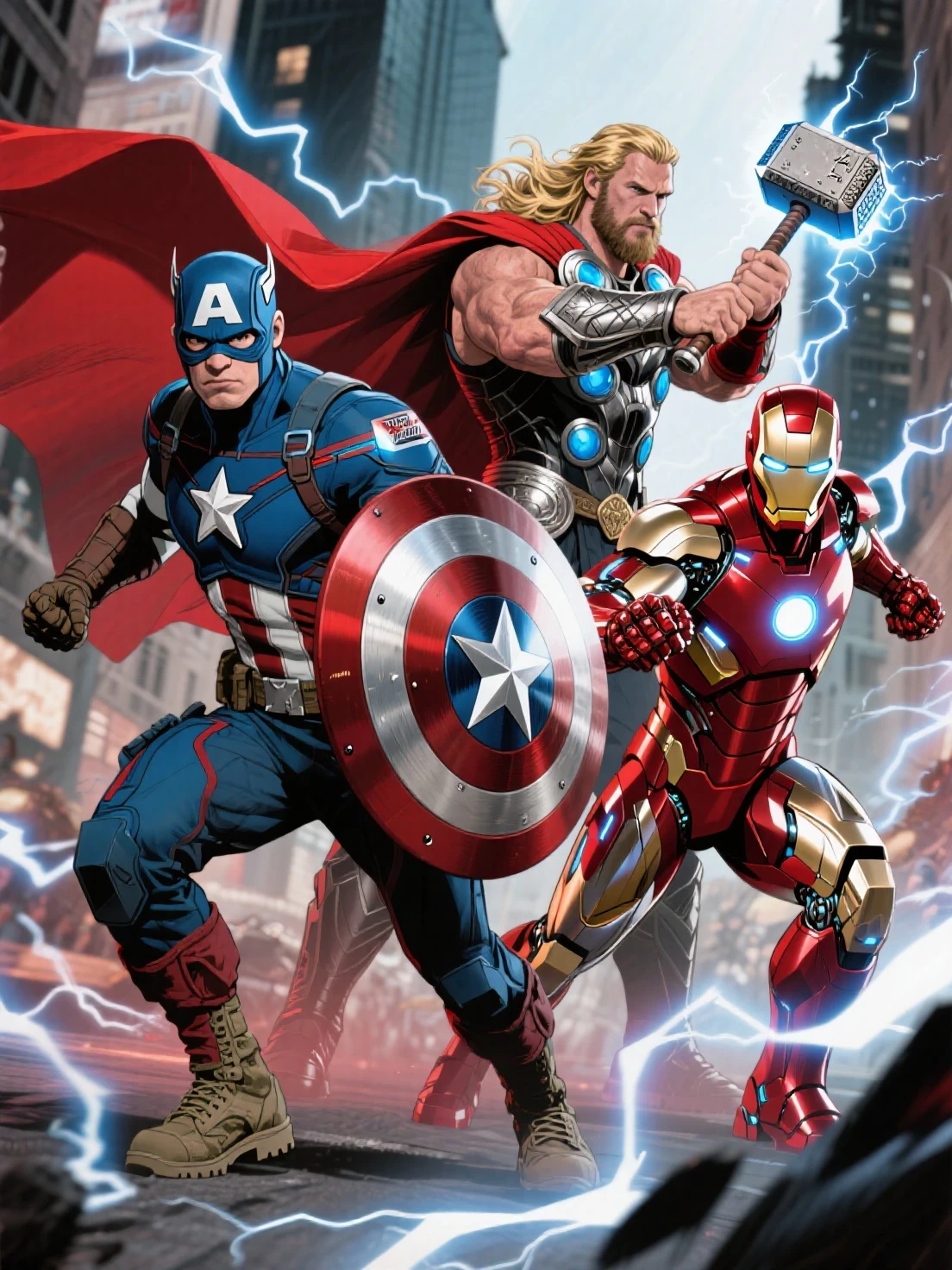Avengers, "Avengers - Marvel", The Avengers(Captain America in a blue mask with a white A on the forehead, a form-fitting combat suit, a silver star emblem on the chest, red and blue color scheme, a round shield, military boots, tactical gloves, superhero uniform, andThor, a muscular man, long blonde hair, blue eyes, wearing armor, a red cape, silver breastplate, fantasy hammer, glowing weapon, Norse mythology style, medieval gauntlets, god-like appearance, lightning effects, detailed fantasy armor, rugged face, heroic pose, andIron Man in sleek futuristic metallic power armor, glowing arc reactor, helmet with glowing eyes, mechanical limbs, red and gold).Combat stance, cinematic fast-paced dynamic composition, heroic lighting, urban background,