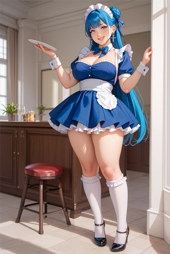 Aqua Konosuba,young,whole body,Looking at the viewer,I look with pity,A high resolution,high quality, masterpiece , white heels, Bedroom,SFV,Mocking smile, white nails,white heels, whole body,sexual,maid clothes, white stockings,Woman with large breasts,taking a selfie in front of the mirror, hand on hip, laughing, blush on the face ,up her skirt a little to see thong,lifts her skirt a little to show her thong,thong