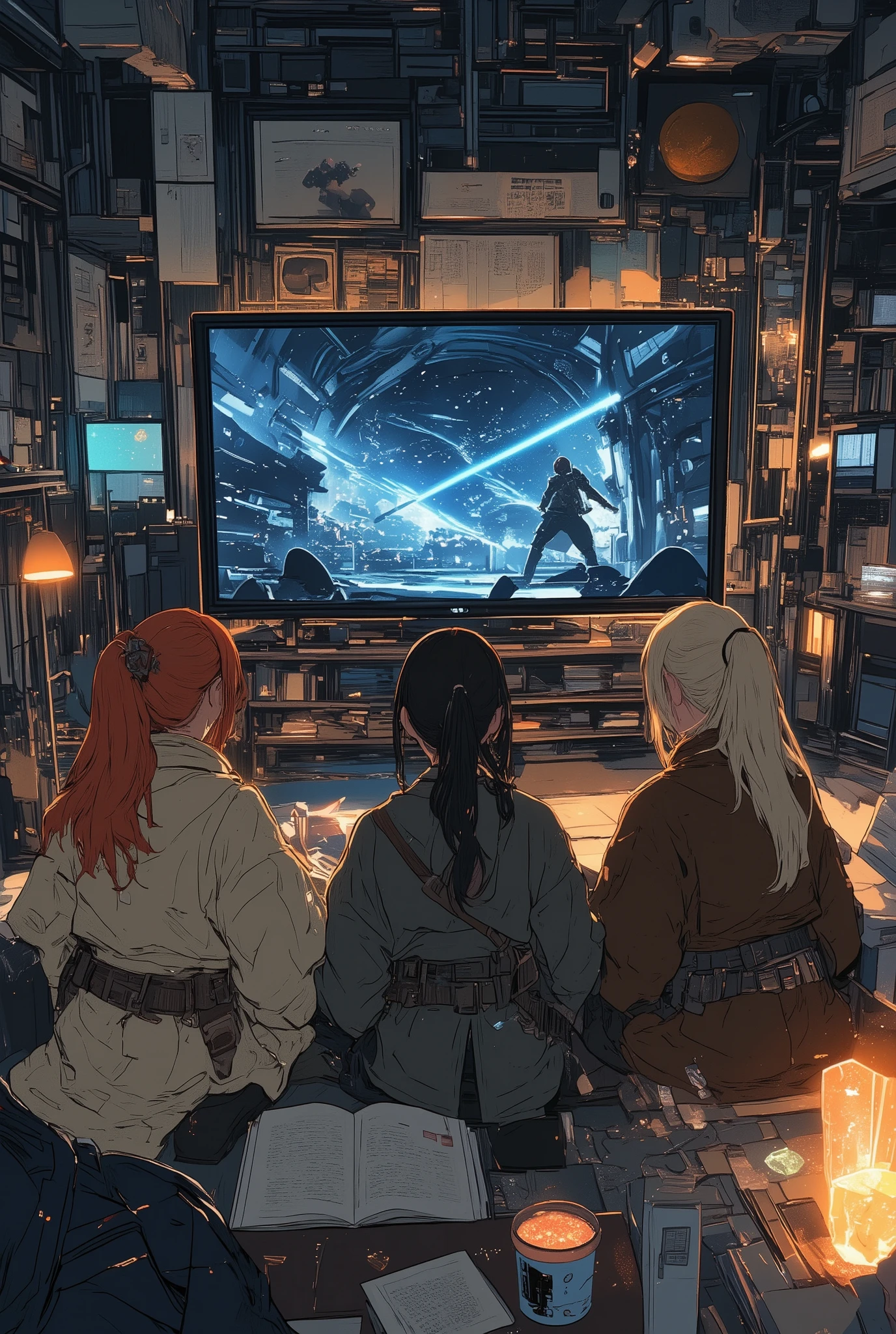 anime-style illustration, cinematic shot from behind of three women sitting on a cozy sofa in a dimly lit modern living room, watching a movie on a large screen TV in front of them

the women are dressed in casual modern clothing: one in a hoodie and jeans, one in a loose sweater and skirt, and one in a relaxed T-shirt and joggers, each with different hair color and style (e.g. red long hair, dark ponytail, and platinum blonde straight hair)

soft warm lighting from small table lamps and scattered glowing items creates a peaceful nighttime atmosphere

snacks and drinks are spread across the coffee table in front of them, with open books and scattered magazines adding lived-in detail

the scene on the TV shows a dramatic Star Wars moment, with a Jedi holding a glowing blue lightsaber and a dark figure looming in the background, set in a sci-fi environment full of stars and spaceships

surrounding furniture and shelves are filled with plants, books, and warm details

anime digital painting style, cinematic composition, ultra-detailed background, subtle light gradients, aidmamj6.1