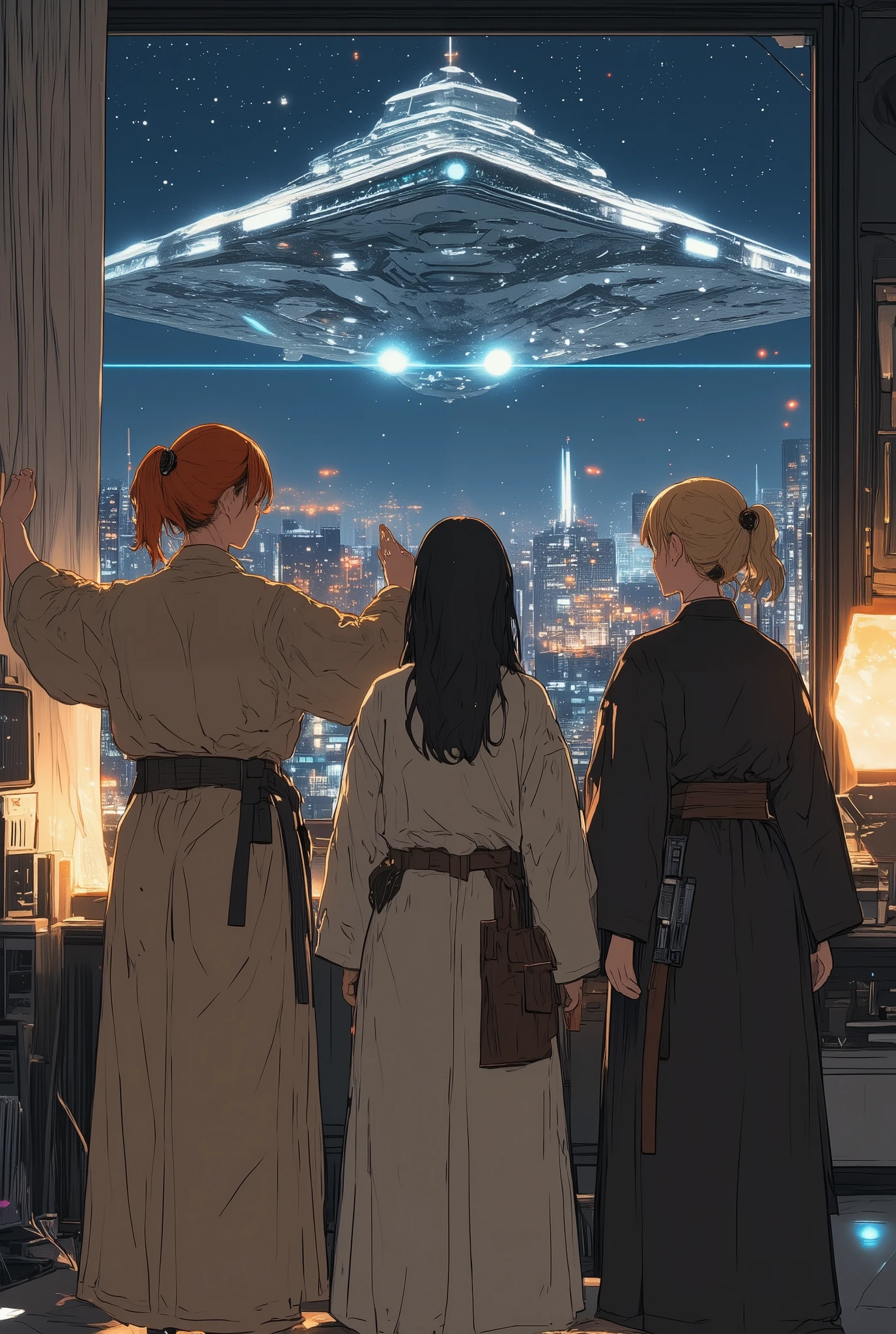 anime-style illustration, cinematic shot from behind of three women sitting on a cozy sofa in a dimly lit modern living room, watching a movie on a large screen TV in front of them

the women are dressed in casual modern clothing: one in a hoodie and jeans, one in a loose sweater and skirt, and one in a relaxed T-shirt and joggers, each with different hair color and style (e.g. red long hair, dark ponytail, and platinum blonde straight hair)

soft warm lighting from small table lamps and scattered glowing items creates a peaceful nighttime atmosphere

snacks and drinks are spread across the coffee table in front of them, with open books and scattered magazines adding lived-in detail

the scene on the TV shows a dramatic Star Wars moment, with a Jedi holding a glowing blue lightsaber and a dark figure looming in the background, set in a sci-fi environment full of stars and spaceships

surrounding furniture and shelves are filled with plants, books, and warm details

anime digital painting style, cinematic composition, ultra-detailed background, subtle light gradients, aidmamj6.1