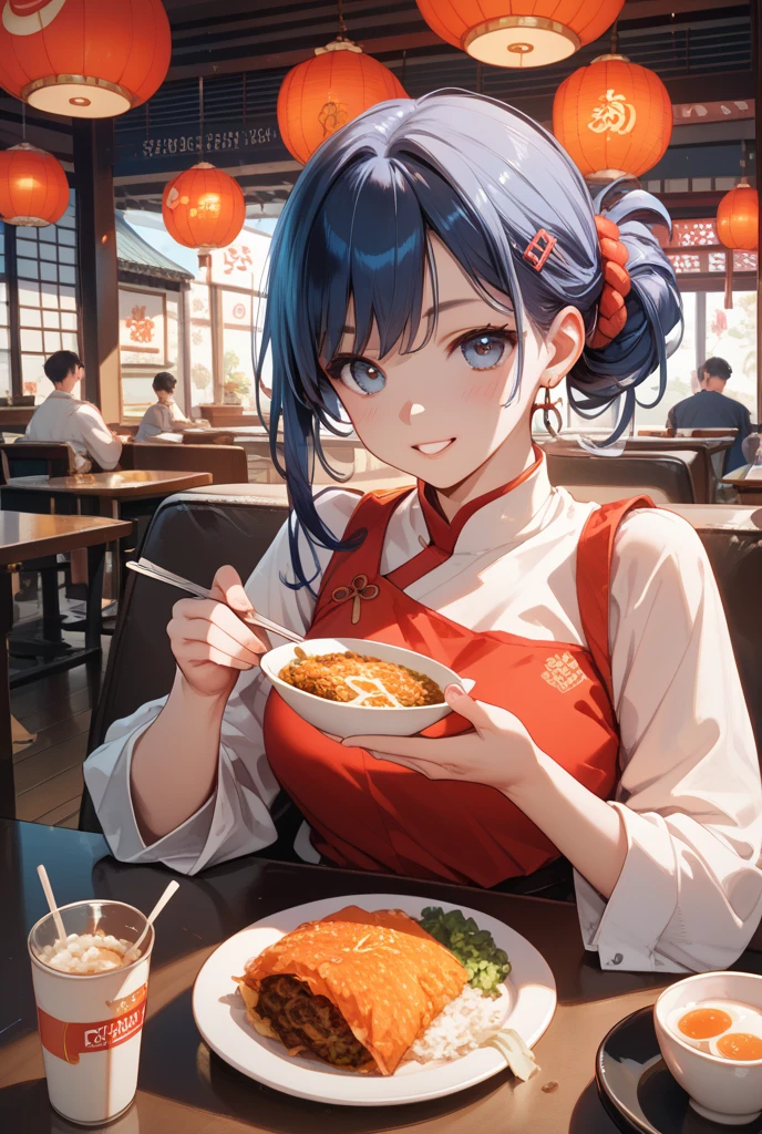 young girl, red hair in a bun, blue eyes, Chinese sleeveless dress, Shorts, A tray of food, Cheerful smile, open mouth, Masterpiece, high qulity