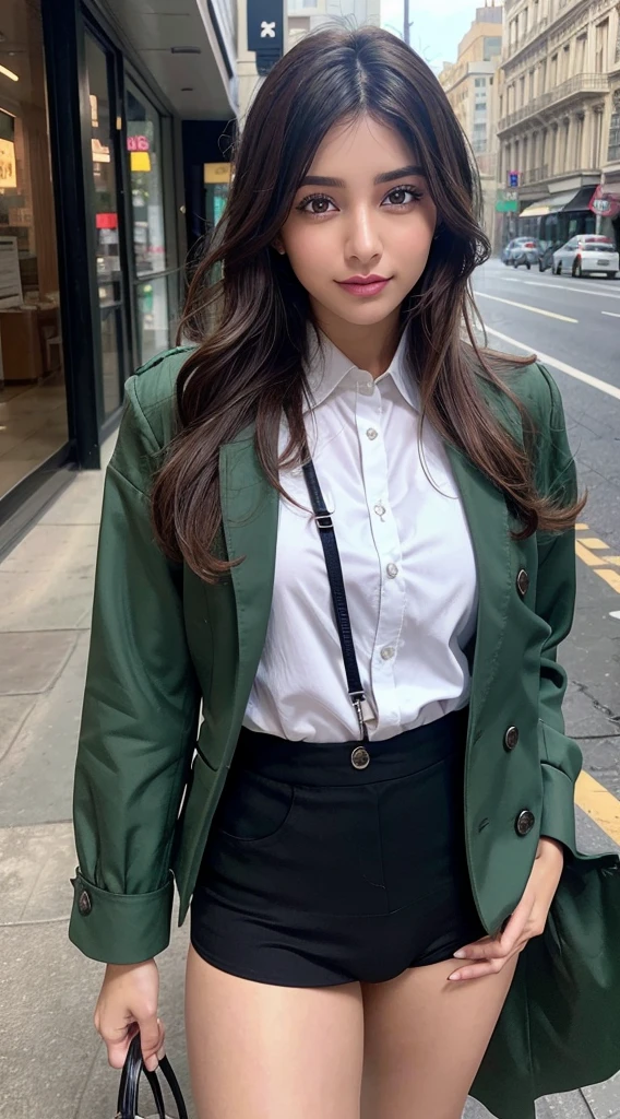 Create a white woman with brown hair in green clothes holding a little green machine top partner tone 
