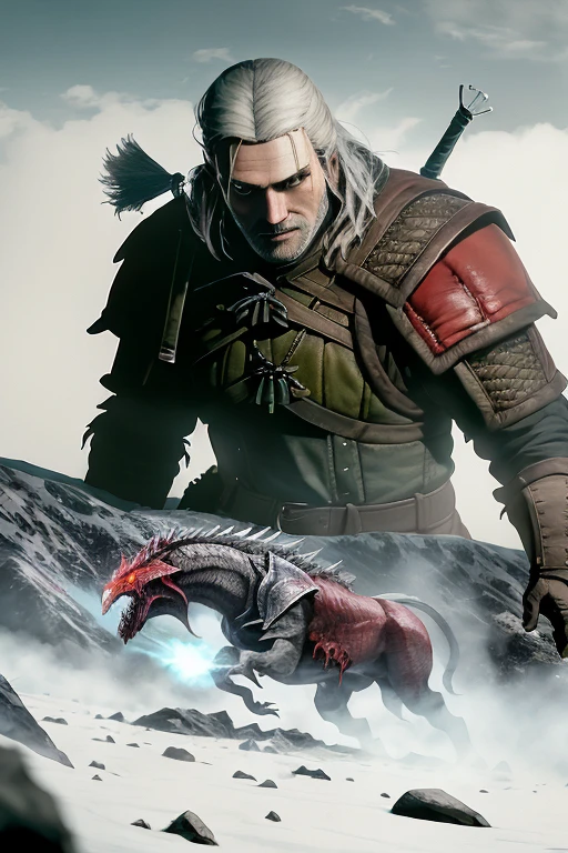 Geralt of Rivia decapitating a white anthropomorphic dinosaur