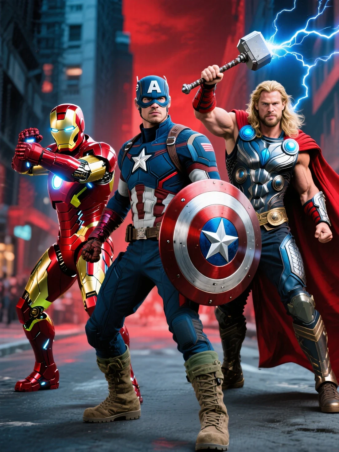 Avengers, "Avengers - Marvel", The Avengers(Captain America in a blue mask with a white A on the forehead, a form-fitting combat suit, a silver star emblem on the chest, red and blue color scheme, a round shield, military boots, tactical gloves, superhero uniform, andThor, a muscular man, long blonde hair, blue eyes, wearing armor, a red cape, silver breastplate, fantasy hammer, glowing weapon, Norse mythology style, medieval gauntlets, god-like appearance, lightning effects, detailed fantasy armor, rugged face, heroic pose, andIron Man in sleek futuristic metallic power armor, glowing arc reactor, helmet with glowing eyes, mechanical limbs, red and gold).Combat stance, cinematic fast-paced dynamic composition, heroic lighting, urban background,