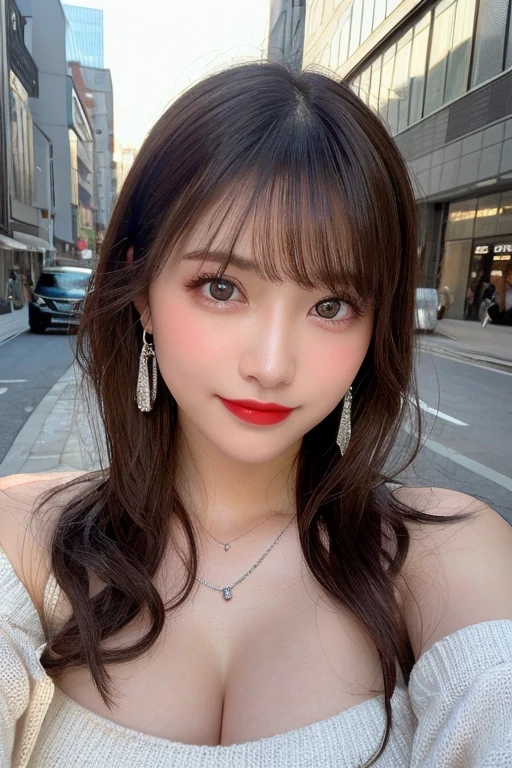 Beautiful urban college girl, masterpiece, light makeup, Red lips, Silver Hair, Long, messy hair, urban landscape background, Beautiful and elegant. Ultra-fine detail, masterpiece, Authentic texture, Realism in film lighting, Perfect job, 16k, High resolution, Exquisite features, blue eyes, Japanese Idols, ponytail, Beautiful Face, Cute Smile, Brown Hair, Beautiful Hair, glamorous, big Breasts, Huge breasts, Huge breasts, big Breasts, Erect nipples, Greasy muscle, Shiny skin, Sunburned skin, dark Shiny skin, big, Bright Eyes, Smooth Skin, Earrings, necklace, tattoo, Exquisite, Tanned big Breasts, Everything is wet, Lightweight knit sweater,