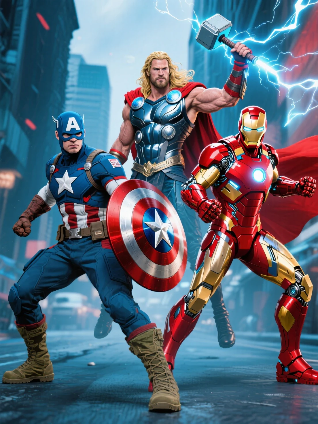 Avengers, "Avengers - Marvel", The Avengers(Captain America in a blue mask with a white A on the forehead, a form-fitting combat suit, a silver star emblem on the chest, red and blue color scheme, a round shield, military boots, tactical gloves, superhero uniform, andThor, a muscular man, long blonde hair, blue eyes, wearing armor, a red cape, silver breastplate, fantasy hammer, glowing weapon, Norse mythology style, medieval gauntlets, god-like appearance, lightning effects, detailed fantasy armor, rugged face, heroic pose, andIron Man in sleek futuristic metallic power armor, glowing arc reactor, helmet with glowing eyes, mechanical limbs, red and gold).Combat stance, cinematic fast-paced dynamic composition, heroic lighting, urban background,