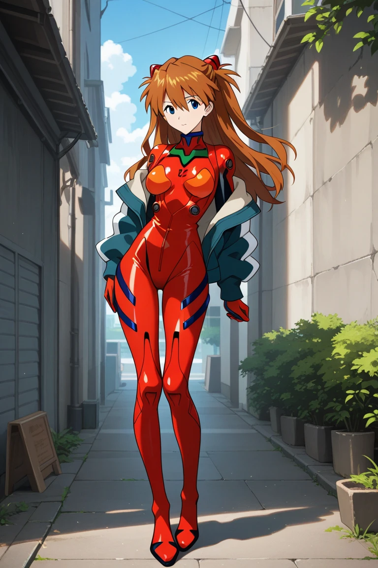 masterpiece, best quality,8k wallpaper,blue eyes,cowboy shot,kousaka honoka, breasts , (plain red bodysuit),in street , solo, (standing:0.8), earrings , blushing , night , smile