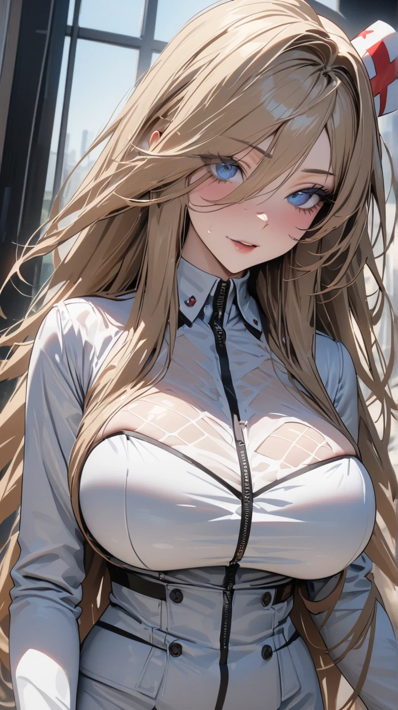official art, masterpiece, sharp focus, (beautiful gorgeous cute Korean woman:1.3), (beautiful cute korean:1.3), korean beauty, Delicate and beautiful hair and eyes and face, realistic, ultra detailed, beautiful girl, blue sky, glow white particle, (sidelighting:1.2), sun light, white cloud, detailed clouds, slender, Lovely very large breasts and very large hips,showing pink slip and smiling, ((laugh with pink eyes, wink eyes)), scenery, long straight hair, sexy facial expression, building, (cityscape:1.7), dynamic hair, long straight hair, detailed blonde hair, glow pink eyes, (fiery rose pleated skirt+white off shoulder blouse), white long socks, pale skin, epic scenery, (Tiara:1.5), streaked hair, (Star-shaped pupils), hair ornament, Princess white gloves, Wet body