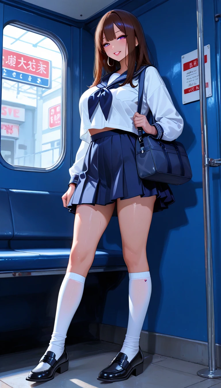 NSFW,4K,Gal:1.3,Anatomically correct,school uniform:1.3,A pure and innocent girl, Very cute face, Like an idol, (masterpiece:1.2), (high quality),Hip, Blue Skirt, alone, Blazer Type, loose socks, Lifting clothes, Brown eyes, pure gaze, mini skirt, Lift yourself up, Check skirt, blush,(Sweating profusely),physical education, Beautiful legs, ((in the train))