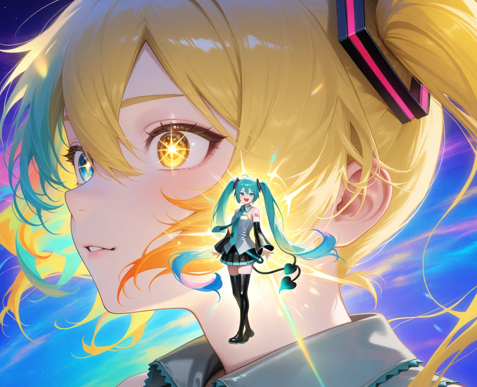 masterpiece, top quality 16k raw photo of Vocaloid3 Lily posing, blond hair blue eyes. navel look mini skirt. color of her skirt is white and yellow. masterpiece background.
