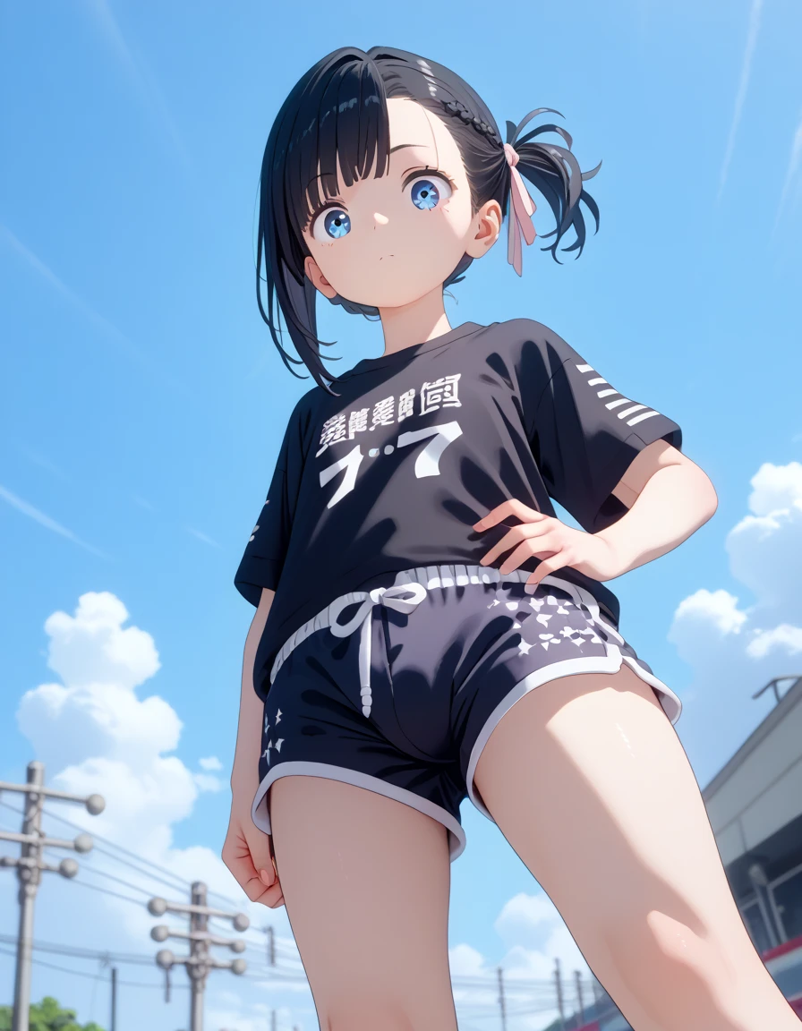 (8k, RAW Photos, highest quality, masterpiece:1.2), (Realistic, photo-Realistic:1.4), (Highly detailed 8k wallpaper), Beautiful woman in Japan at school. Blue Bloomers, Short Bob Hair,hair band、 Black Hair, Are standing