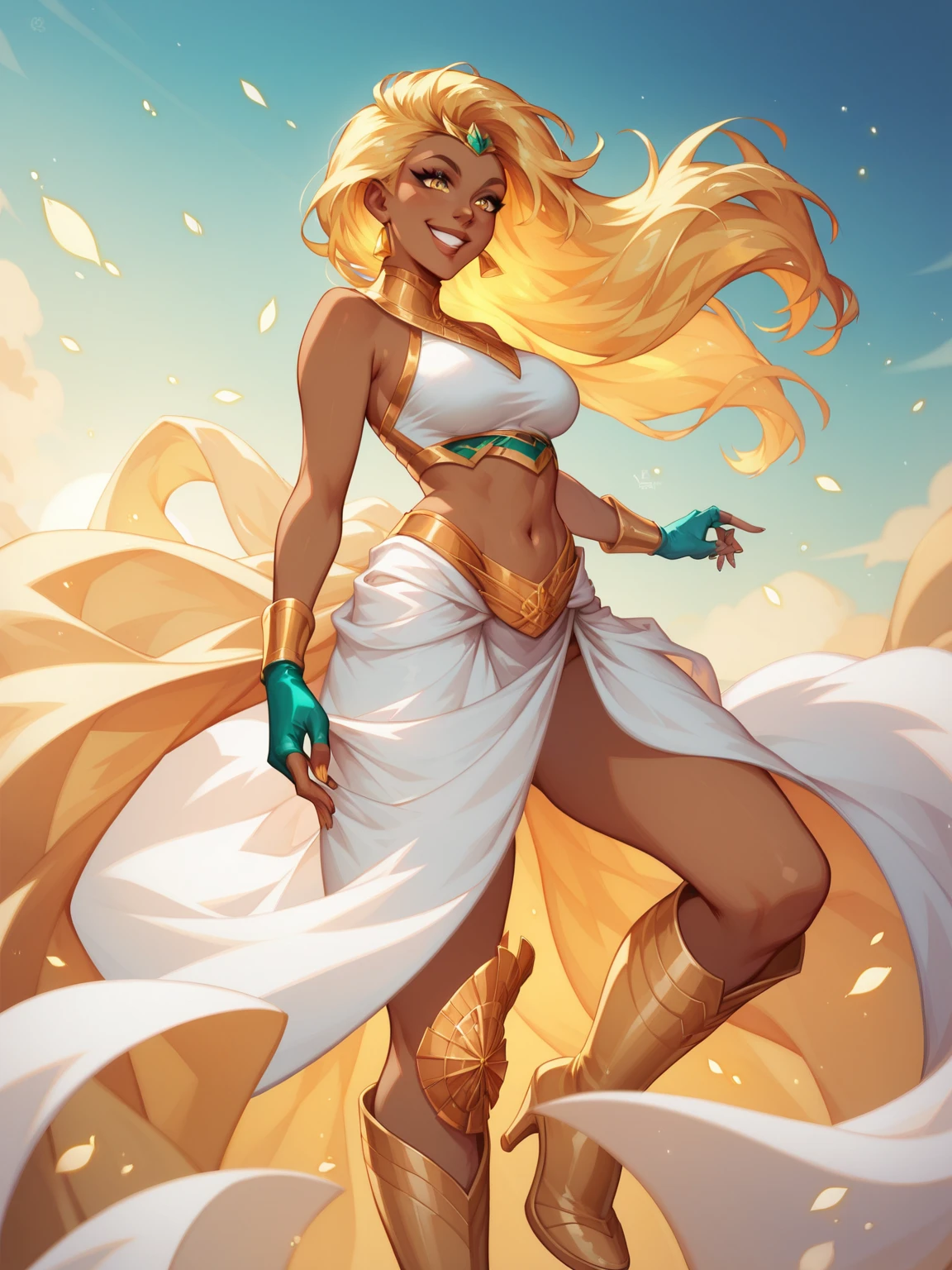 full body wide shot, 1female, 50-year-old, indian, bimbo, ifbb, skinny. her body is made of liquid gold. open top, a glowing bra showing through, sheer skirt, iridescent stirrup stockings, long hair, dark skinned, detailed face
